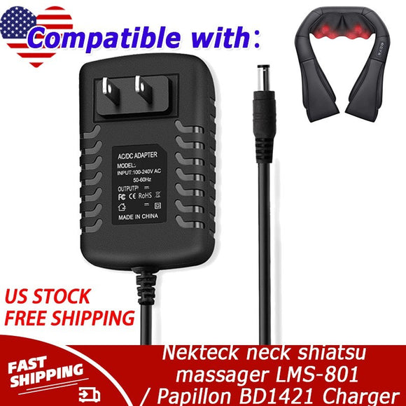 12V Charger for Nekteck neck shiatsu massager LMS-801 / Papillon BD1421