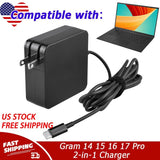 USB-C Laptop Charger for Gram 14 15 16 17 Pro 2-in-1 - Extra Long Power Cord