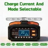 Car Battery Charger 20A, 12V 24V LiFePO4 Lead Acid Automatic Smart Battery Maint