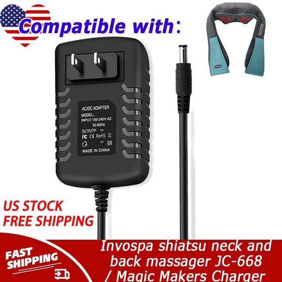 12V Charger for Invospa shiatsu neck and back massager JC-668 / Magic Makers