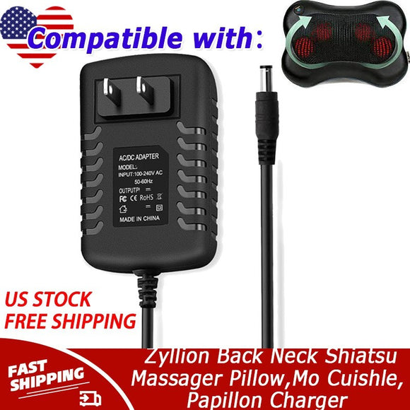 12V AC Charger For Zyllion Back Neck Shiatsu Massager Pillow,Mo Cuishle,Papillon